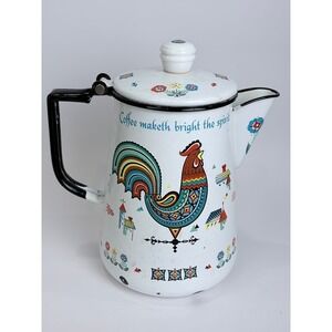 Vintage Berggren Enamelware Coffee Pot Rooster "Coffee Maketh Bright The Day"